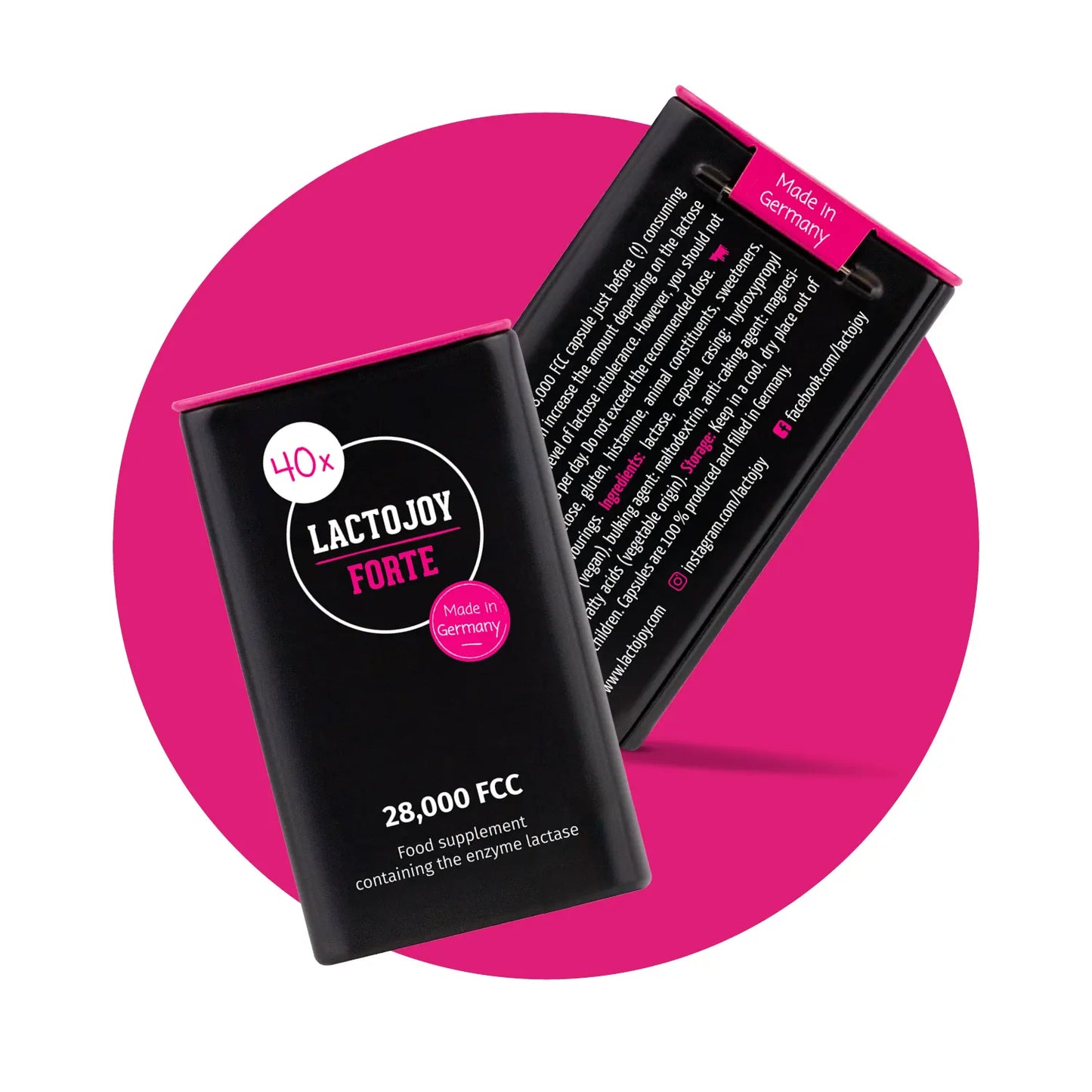 LactoJoy Forte - 28,000 FCC - 40 Lactase Capsules with 6h Depot Effect / Front + Back