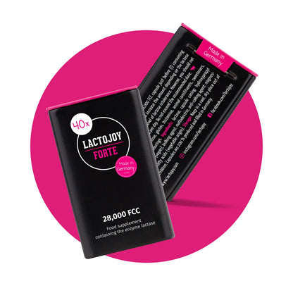LactoJoy Forte - 28,000 FCC - 40 Lactase Capsules with 6h Depot Effect / Front + Back