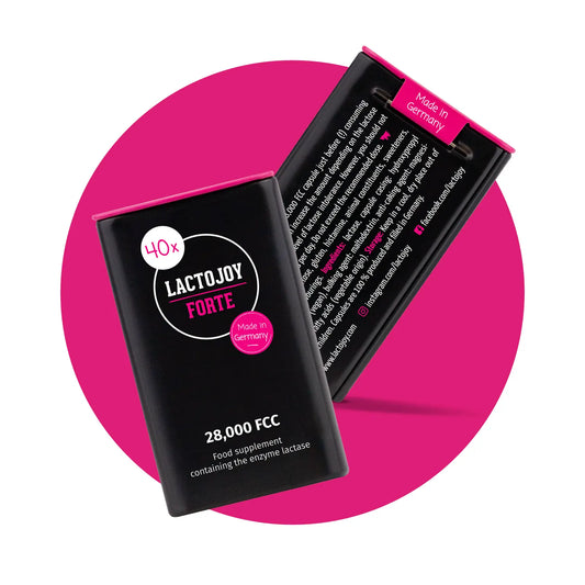 LactoJoy Forte - 28,000 FCC - 40 Lactase Capsules with 6h Depot Effect / Front + Back