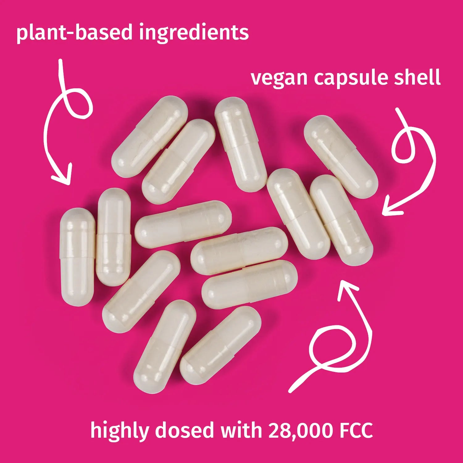 plant-based ingredients, vegan capsule shell, highly dosed with 28,000 FCC